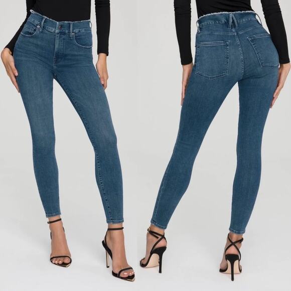GOOD AMERICAN Good Legs Fray Waistband Skinny Stretch Dark Wash Blue Size 25 NEW - Picture 2 of 7